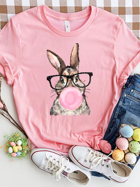 Bunny with glasses and bubblegum design on pink t-shirt