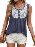 Navy sleeveless tank top with white lace trim and button accents.