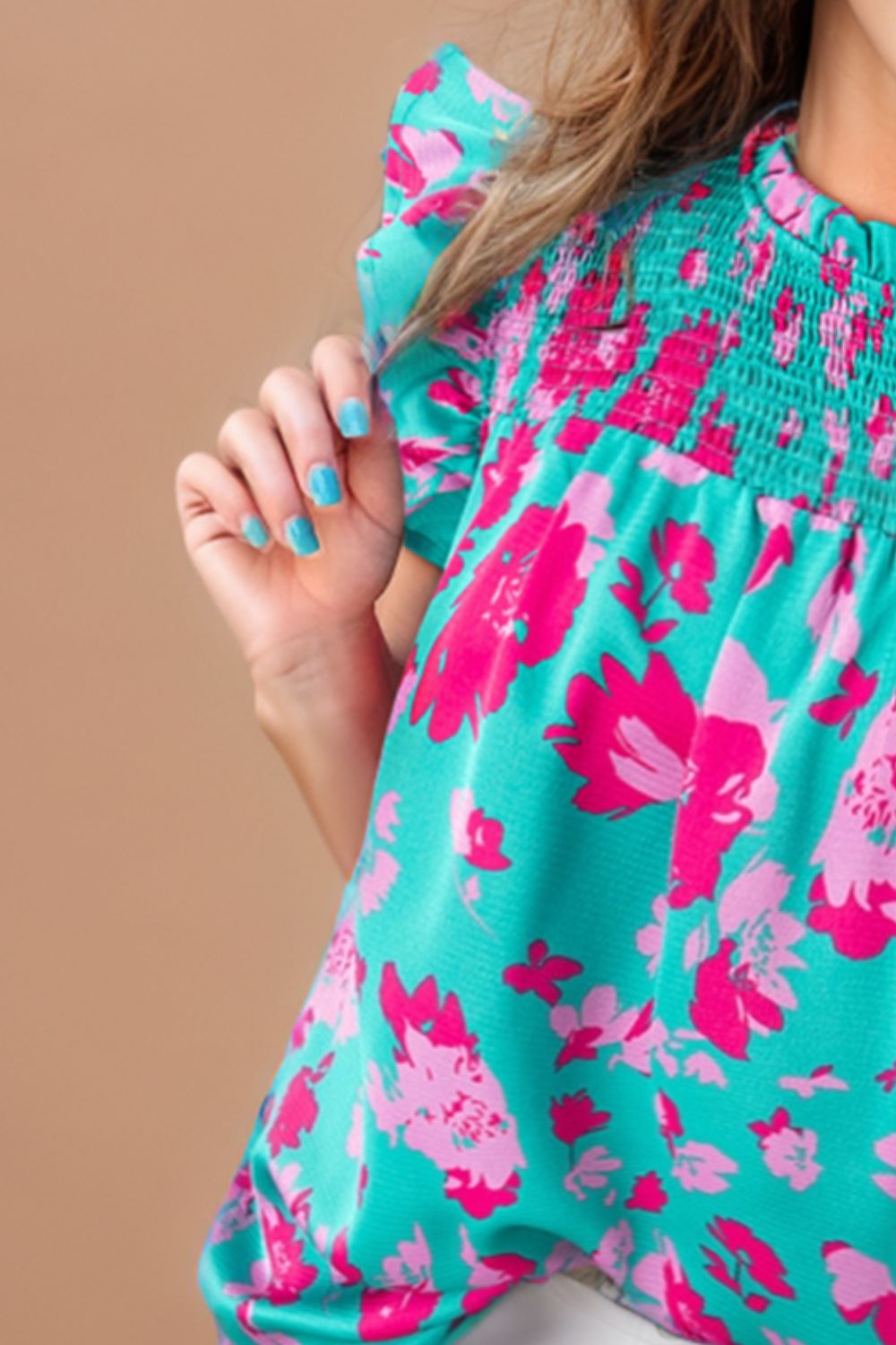 Shop the vibrant teal floral Ruffled Mock Neck Blouse, perfect for summer style with comfy elegance and effortless chic