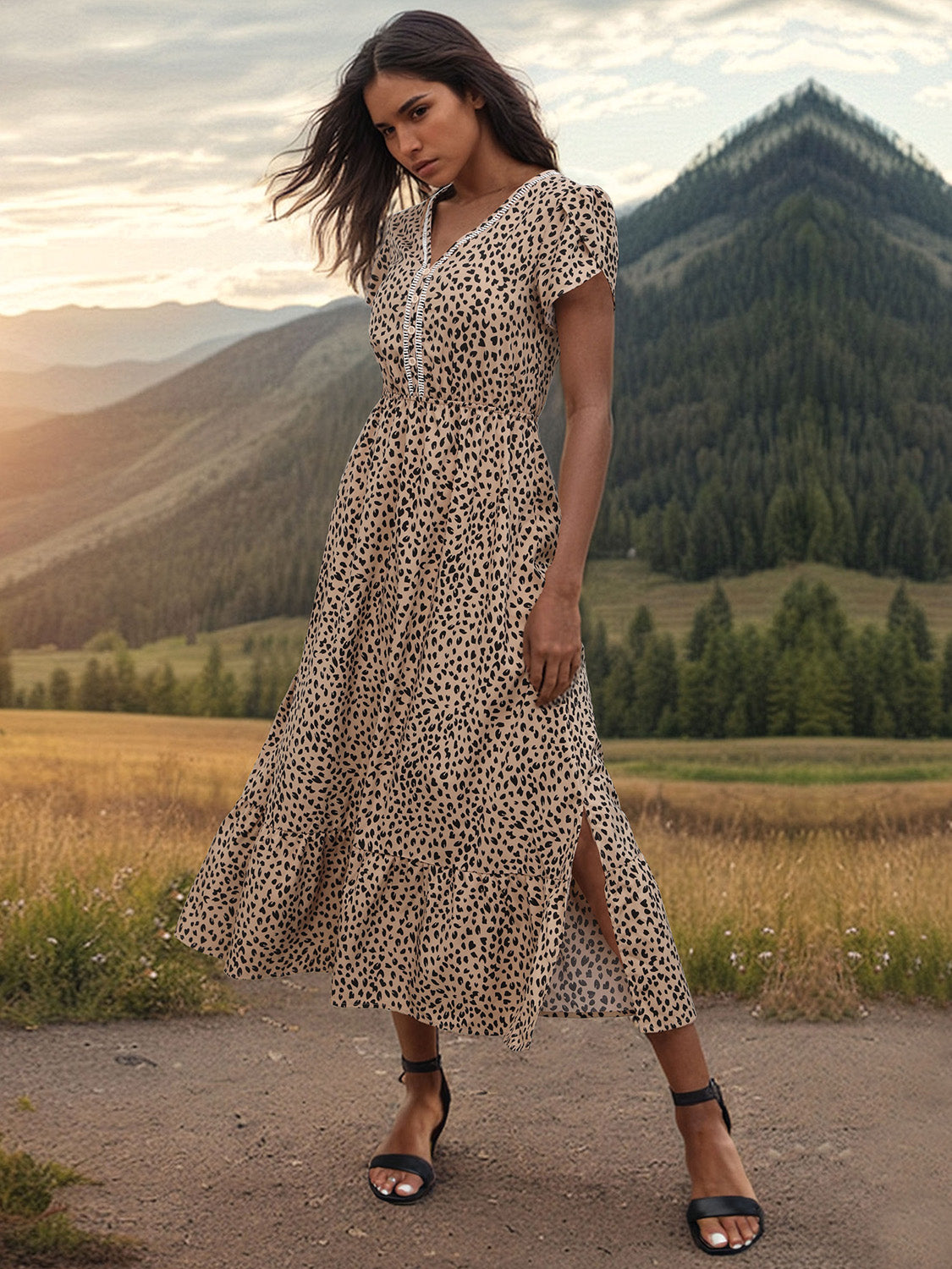 Chic V-Neck Dress with a playful print, elegant slit, and comfy fit for versatile summer styling. Perfect from day to night.
