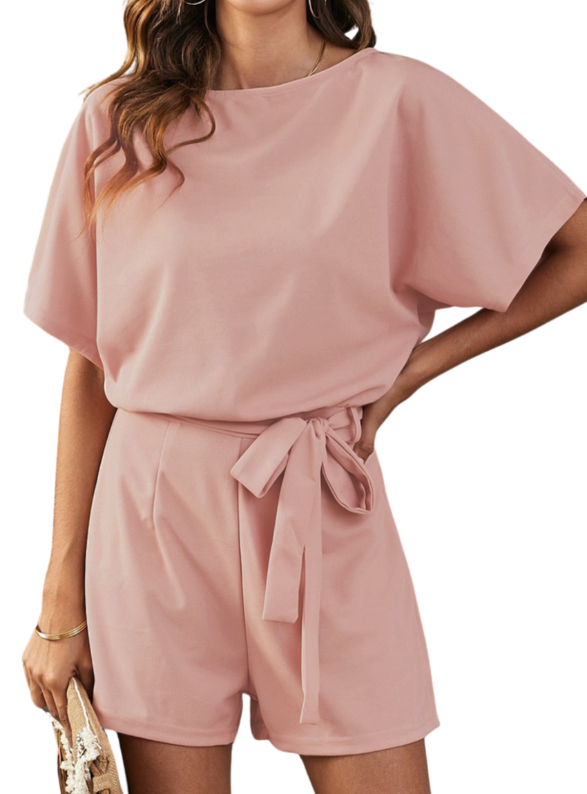 Chic Tie Belt Romper with a flattering fit, perfect for easy styling on warm days or upscale casual events.