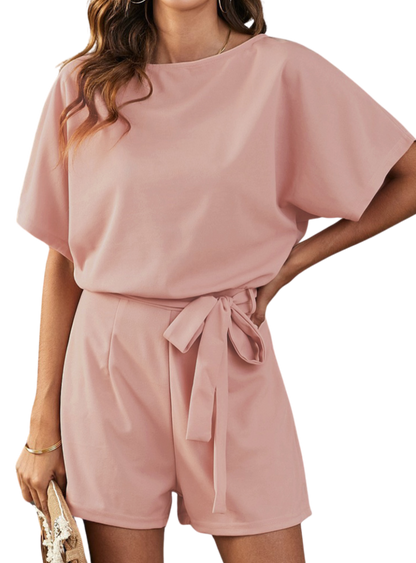 Chic Tie Belt Romper with a flattering fit, perfect for easy styling on warm days or upscale casual events.