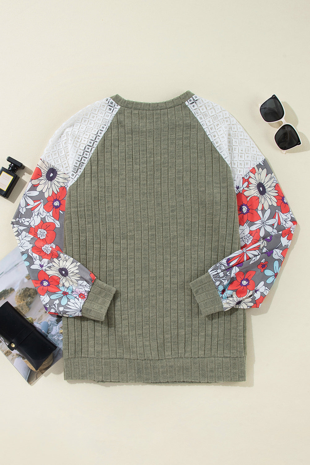 Laurel Green Floral Patchwork Ribbed Blouse