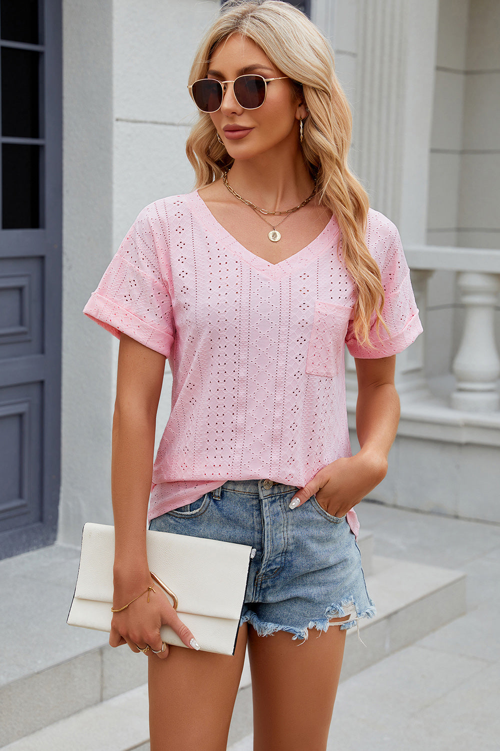 Chic Eyelet V-Neck Tee in 9 shades for versatile style. Perfect for comfort with a touch of elegance. Shop your new favorite