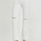 Distressed white jeans with a high waist and button fly design.
