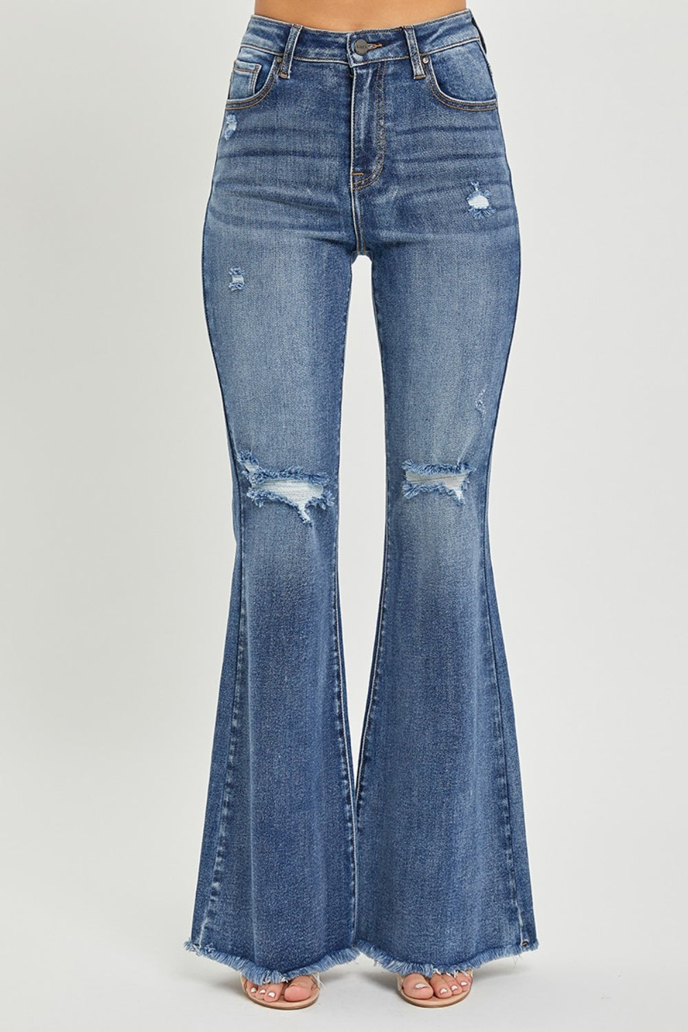 RISEN Distressed High Rise Flare Jeans