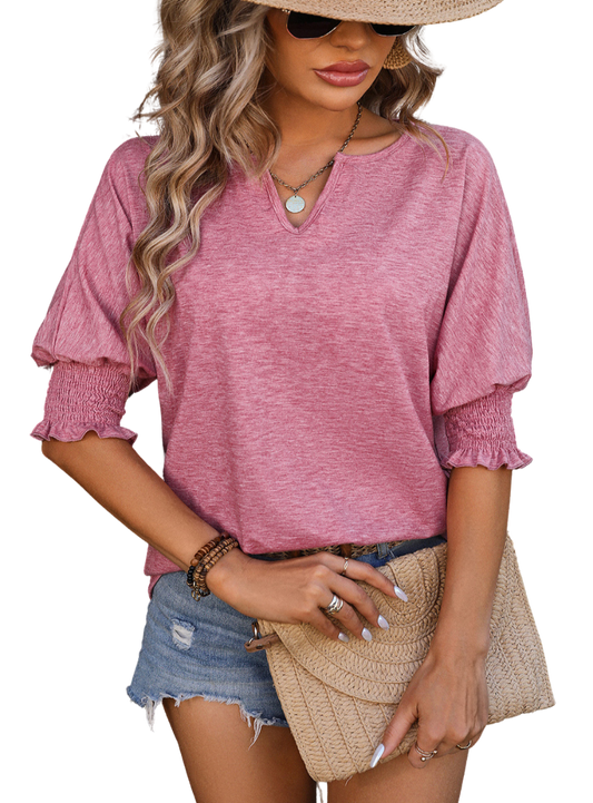 Chic Notched Lantern Sleeve Blouse for effortless style. Soft, versatile & perfect for any casual or smart-casual occasion