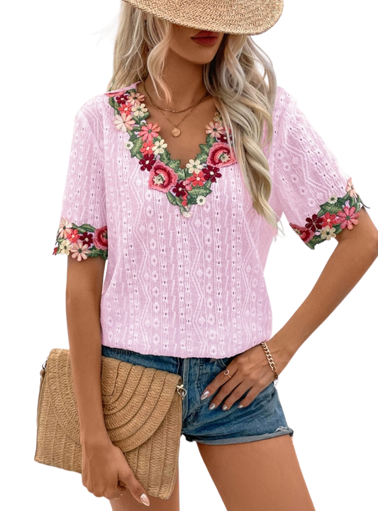 Eyelet Embroidered V-Neck Short Sleeve Blouse