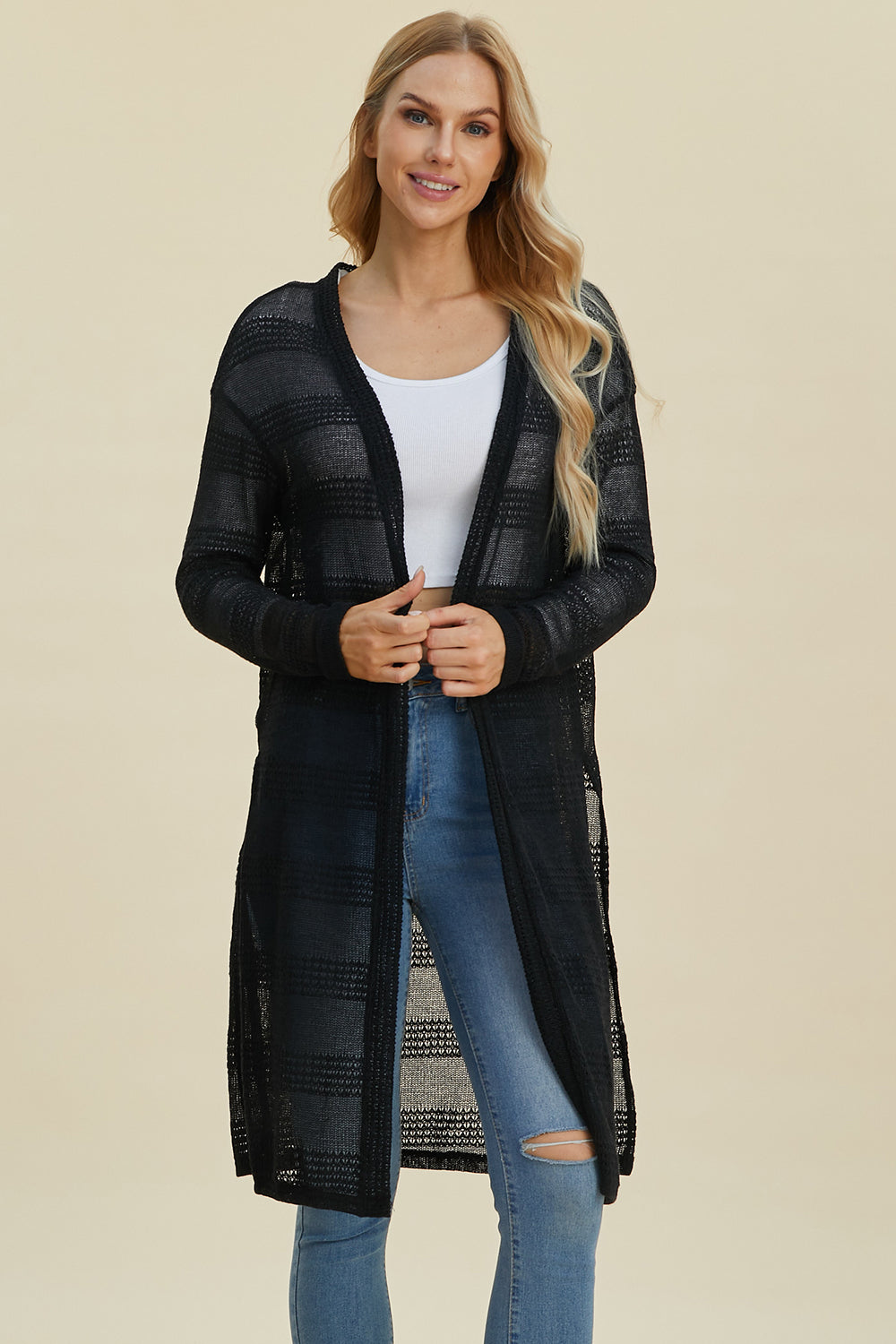 Black Lightweight Longline Cardigan with Open Front Style