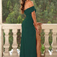 Elegant off-shoulder maxi dress with a thigh-high split, available in black and green. Perfect for evening events, embodying sophistication.