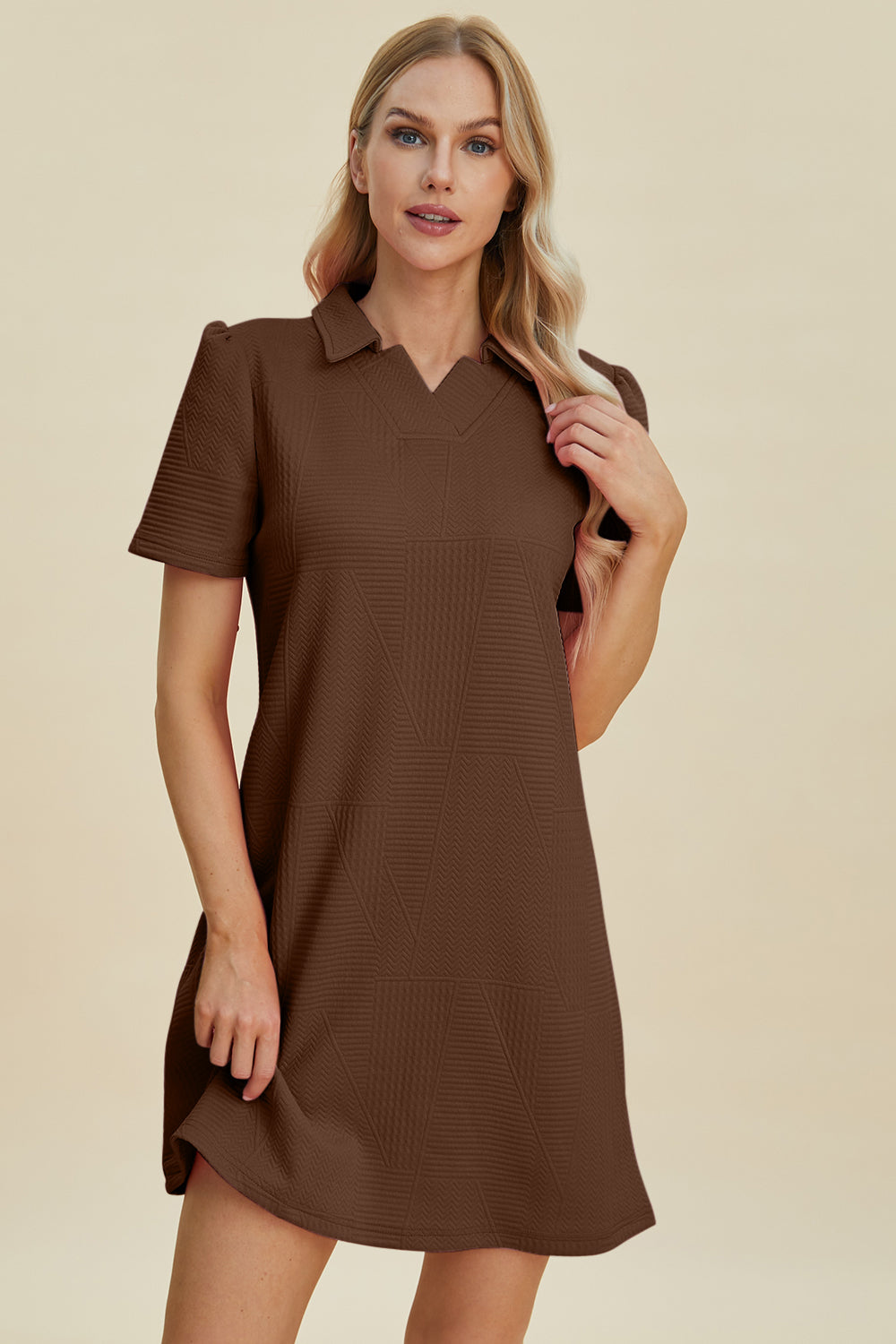 Brown textured dress with short sleeves and collar