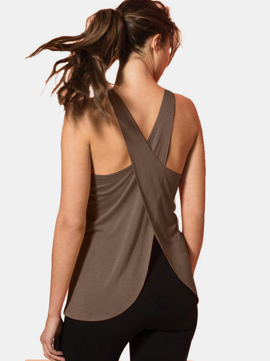 Comfortable brown Crisscross Scoop Neck Active Tank Top made from breathable fabric.