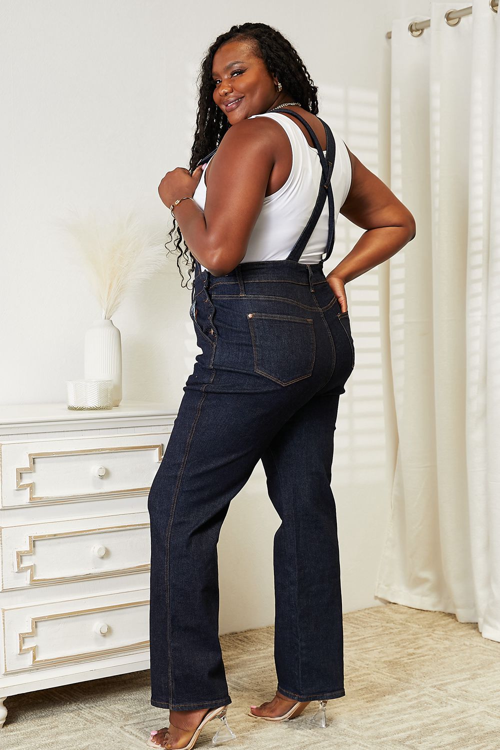 Versatile blue denim overalls with side button details