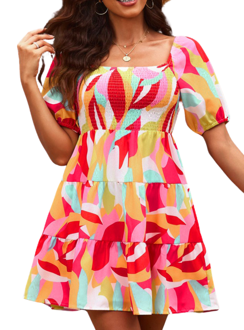 Embrace summer with this colorful, smocked mini dress. Perfect for any occasion, it's comfortable, stylish, and easy to care for!