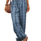 Blue boho chic drawstring pants with intricate pattern