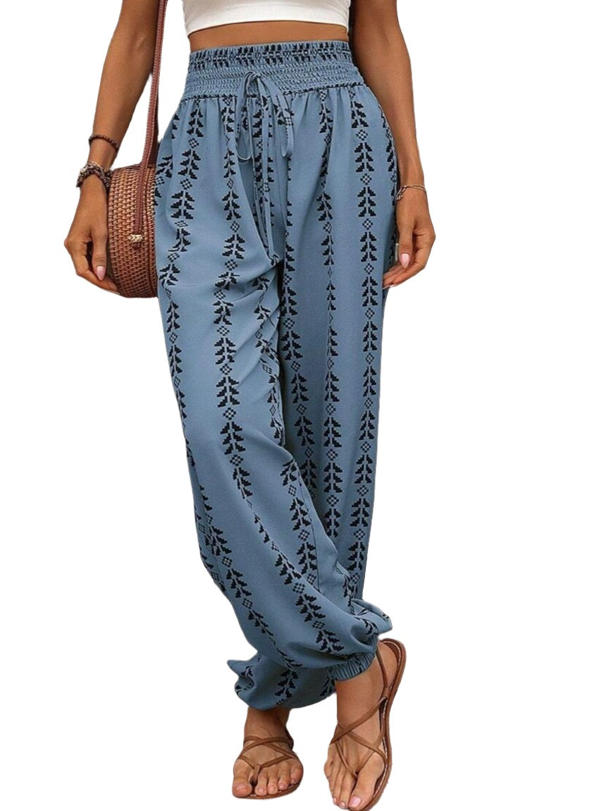 Blue boho chic drawstring pants with intricate pattern