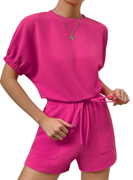 Chic pink lounge set with short-sleeve top and elastic waistband shorts