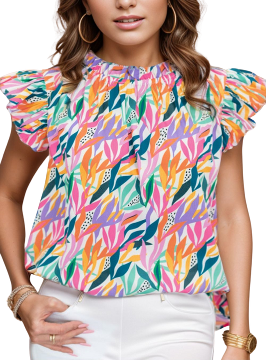 Add vibrant elegance to your wardrobe with our Printed Round Neck Cap Sleeve Blouse. Versatile, comfortable, and stylish. Shop now!