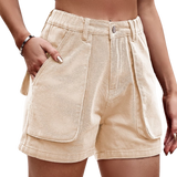Shop Buttoned Cargo Denim Shorts in earthy umber, chic green, or neutral sand. Perfect blend of style, comfort, and practicality for every day.