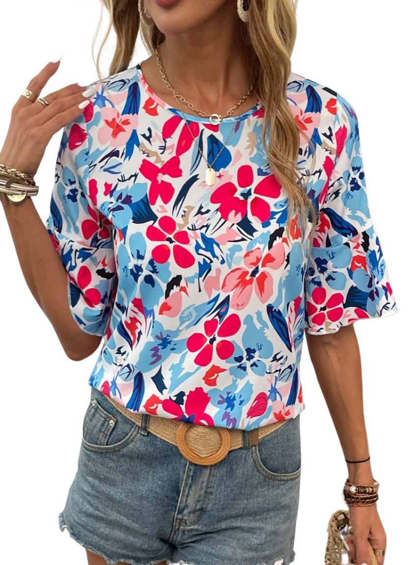 Floral Printed Round Neck Flounce Sleeve Blouse