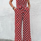 Elegant Polka Dot Grecian Jumpsuit in pink, navy, or red. Perfect for a sleek look with comfort and versatility for any occasion