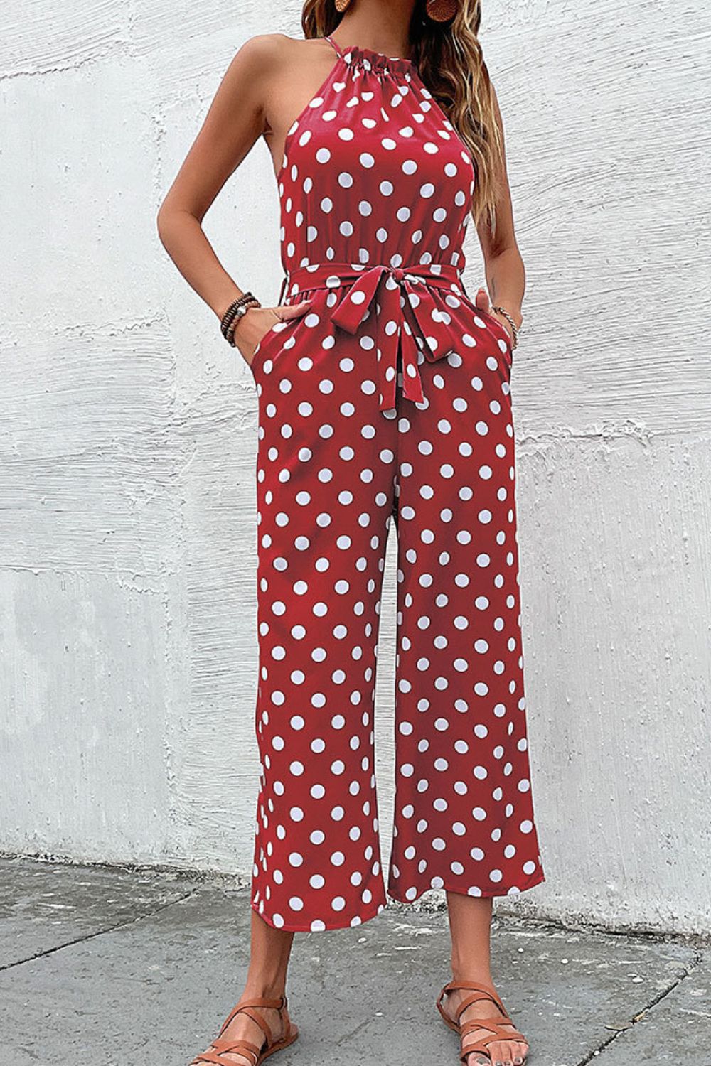 Elegant Polka Dot Grecian Jumpsuit in pink, navy, or red. Perfect for a sleek look with comfort and versatility for any occasion
