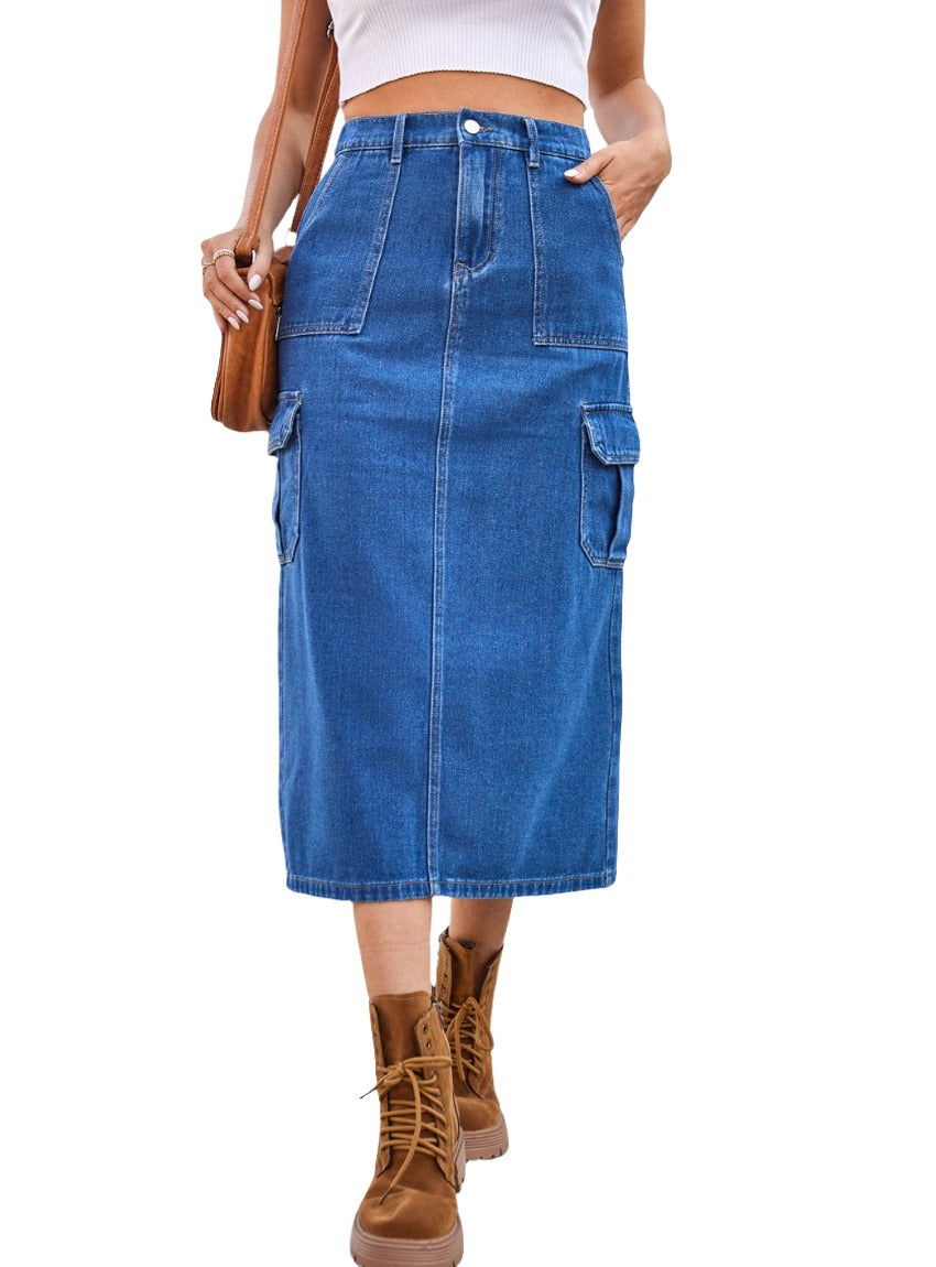 Front view of denim cargo midi skirt with functional pockets.