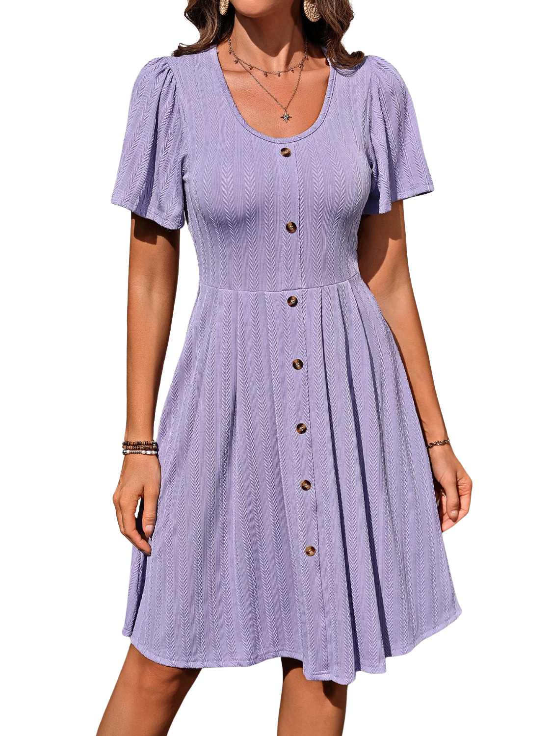 Decorative Button Scoop Neck Short Sleeve Dress