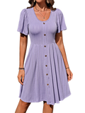 Decorative Button Scoop Neck Short Sleeve Dress