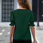 Green notched short sleeve blouse with elegant ruffle design