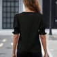 Black notched short sleeve blouse with smocked sleeves