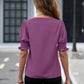 Purple notched short sleeve blouse with ruffle details