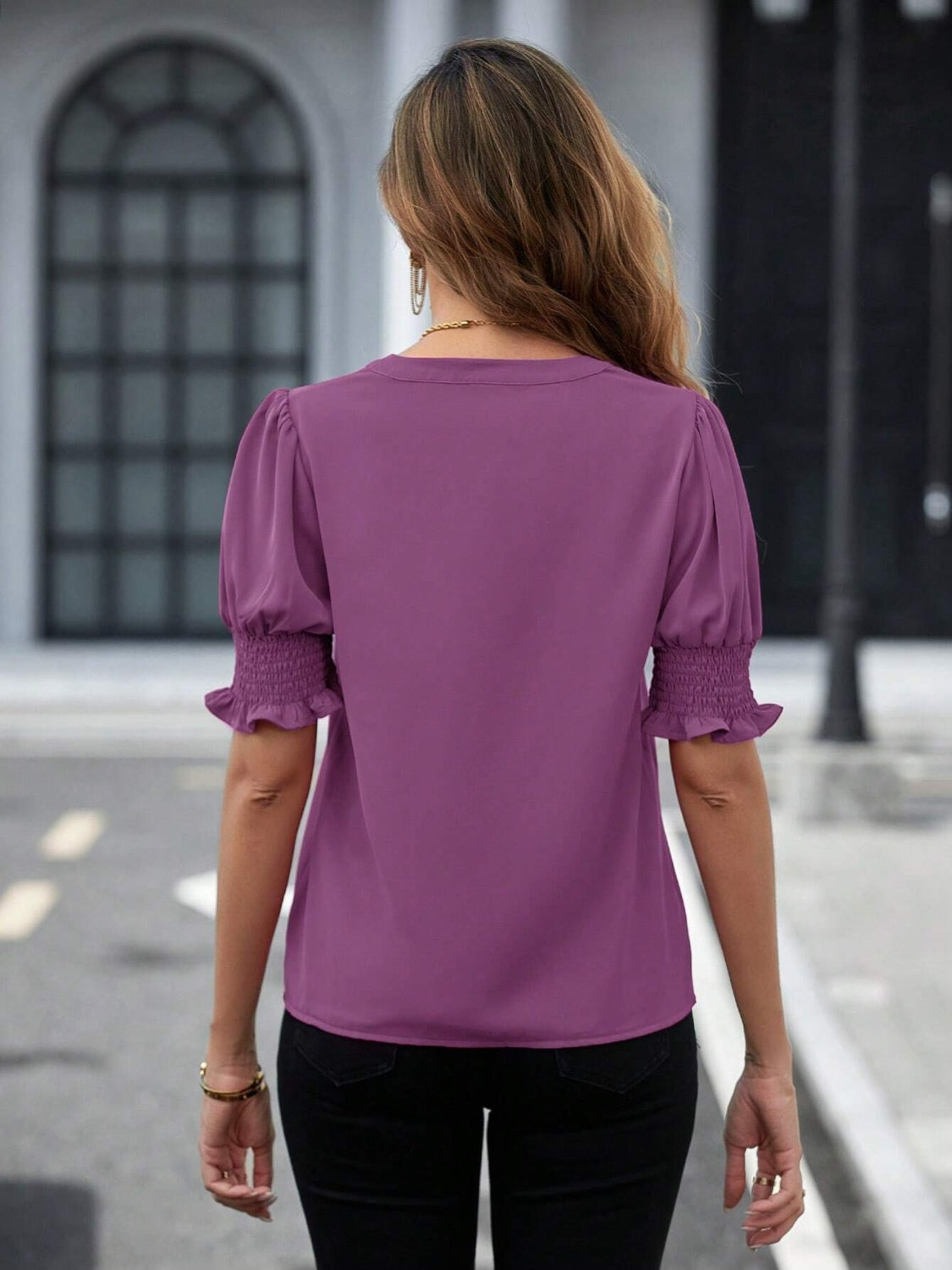 Purple notched short sleeve blouse with ruffle details