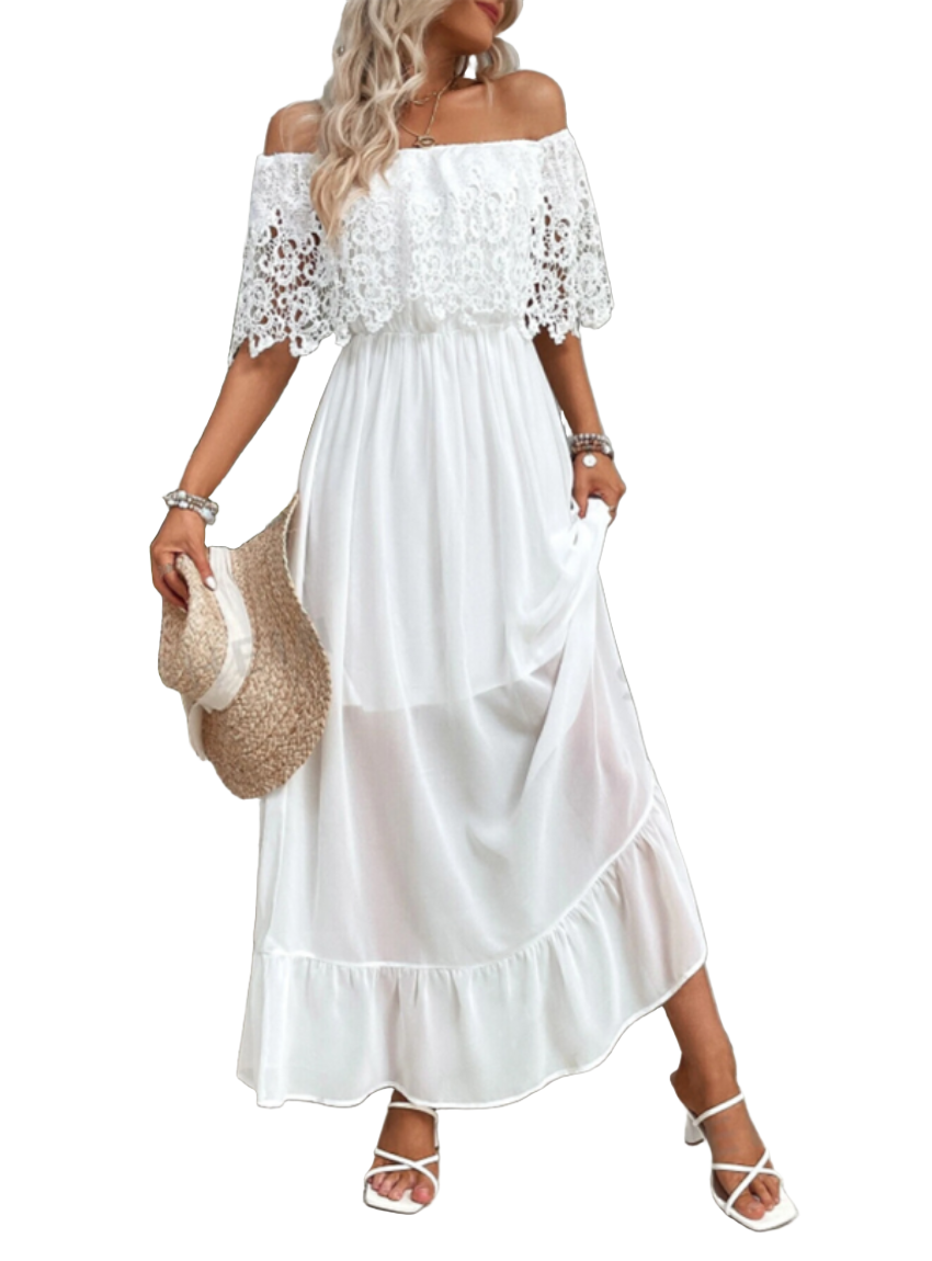 Romantic off the shoulder dress featuring a delicate lace bodice