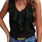 sophisticated black ruffle sleeveless blouse paired with jeans, perfect for any occasion