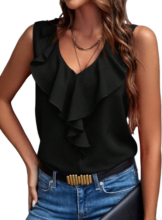 sophisticated black ruffle sleeveless blouse paired with jeans, perfect for any occasion