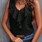 black sleeveless top with elegant ruffle details, ideal for both day and night wear