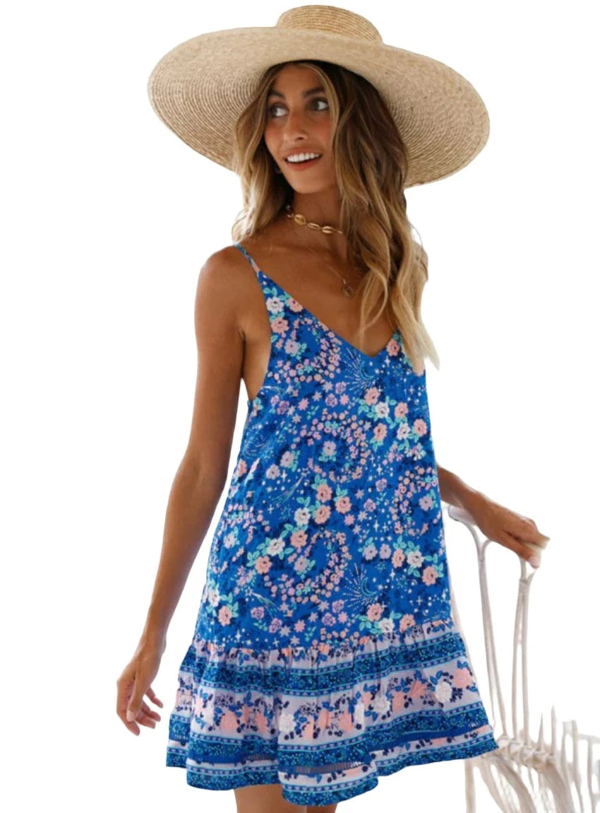 Blue bohemian floral dress with intricate patterns, perfect for casual summer outings.
