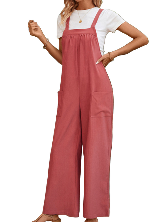 Woman in bohemian style overalls, highlighting the versatile and chic design.