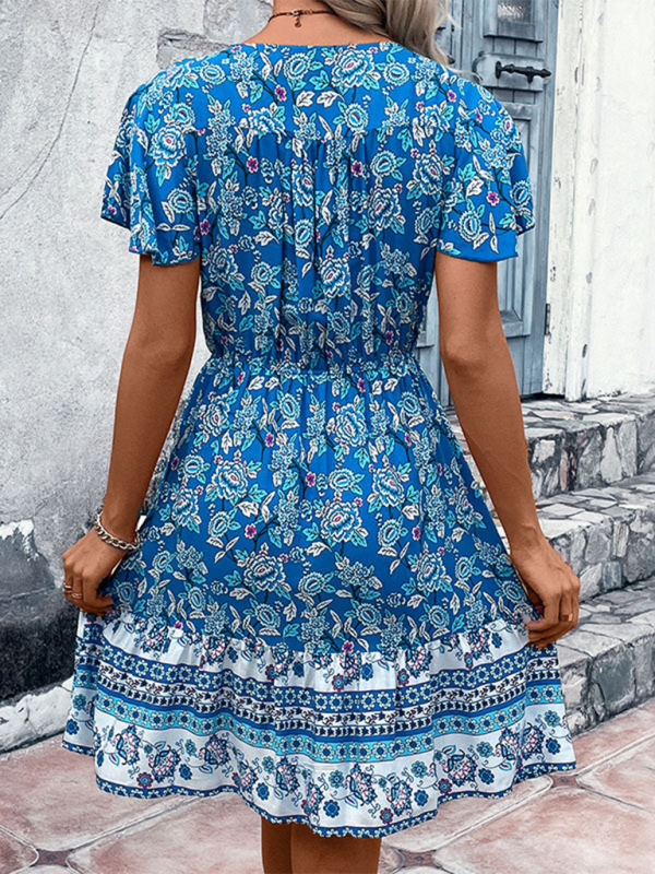 Charming bohemian floral dress in blue, great for southern summer outings.