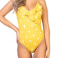 Fashionable yellow polka dot swimsuit with ruffled neckline, ideal for summer beach outings.