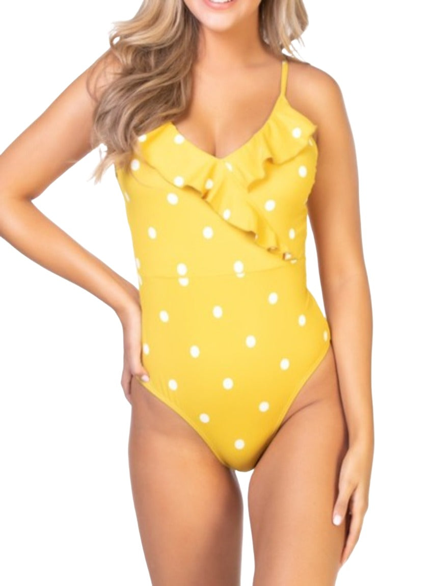 Fashionable yellow polka dot swimsuit with ruffled neckline, ideal for summer beach outings.