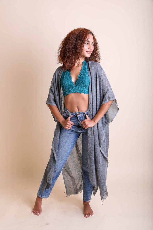 Charcoal kimono cover up made from lightweight fabric.