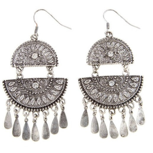 Silver bohemian dangle earrings with intricate patterns and delicate drop accents