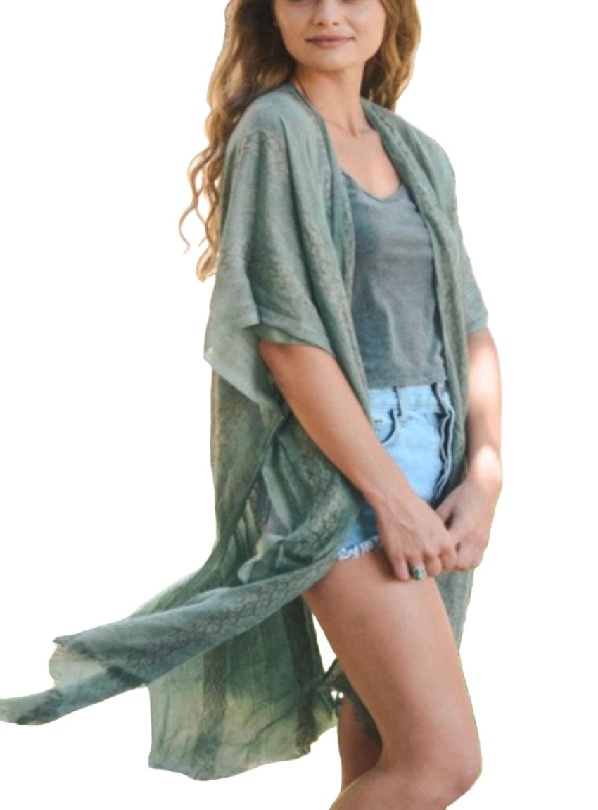 Sage kimono cover up with breathable and airy fabric.