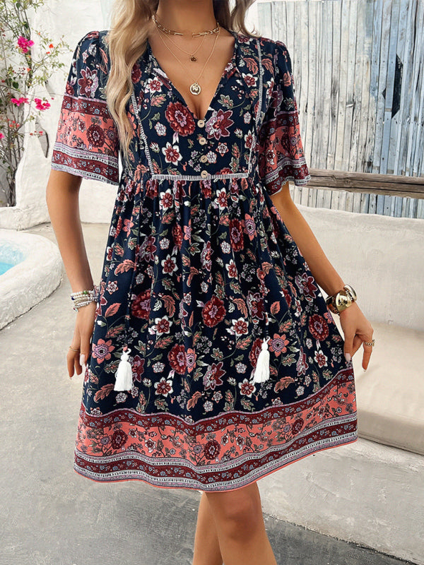 Bohemian style dress with floral print and tassels