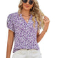Purple floral notched neck blouse with short sleeves and lace trim