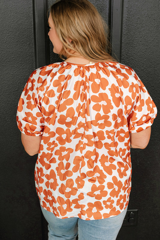 Plus size women's orange floral short sleeve blouse