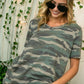 Plus-size French terry camouflage V-neck top, ideal for casual everyday wear.
