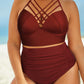 Chic Full Size Halter Swimsuit with crisscross top & ruched bottom for a flattering fit. Available in brick red & black - perfect for beach days!